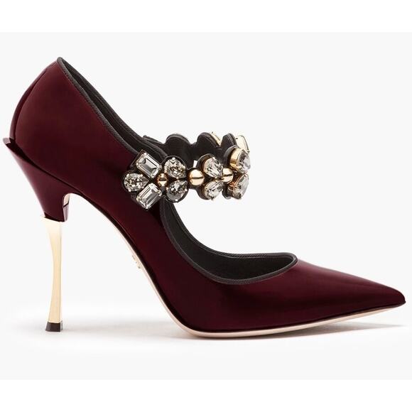 DOLCE & GABBANA Patent Leather Mary Janes jewel Strap In Maroon 35 - Picture 1 of 6